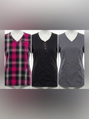 HeartSoul & Essentials Scrub Top Bundle Women’s XS Plaid Black Grey 3 pk